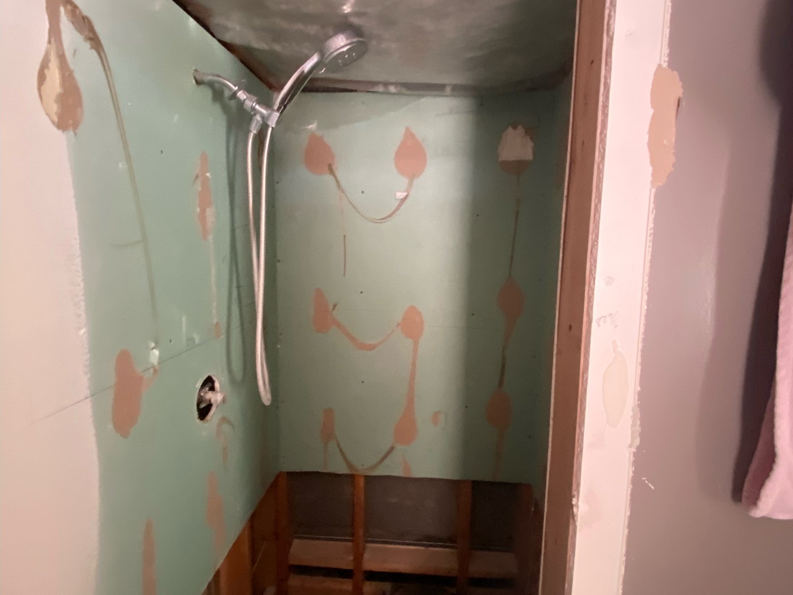 Water damage. The shower was stripped back, the ceiling opened and the base of the wall cut out.